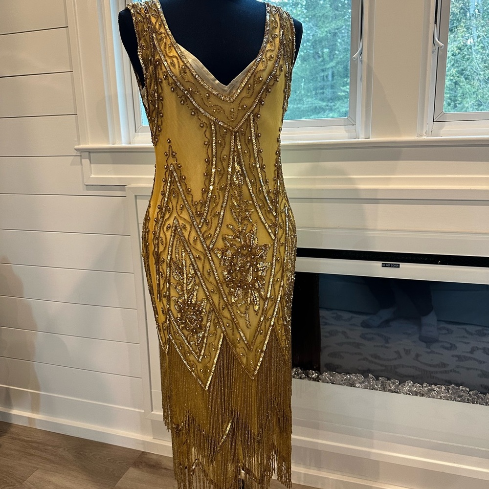 Unique Vintage Gold Beaded Fringe V-Neck Midi Dress